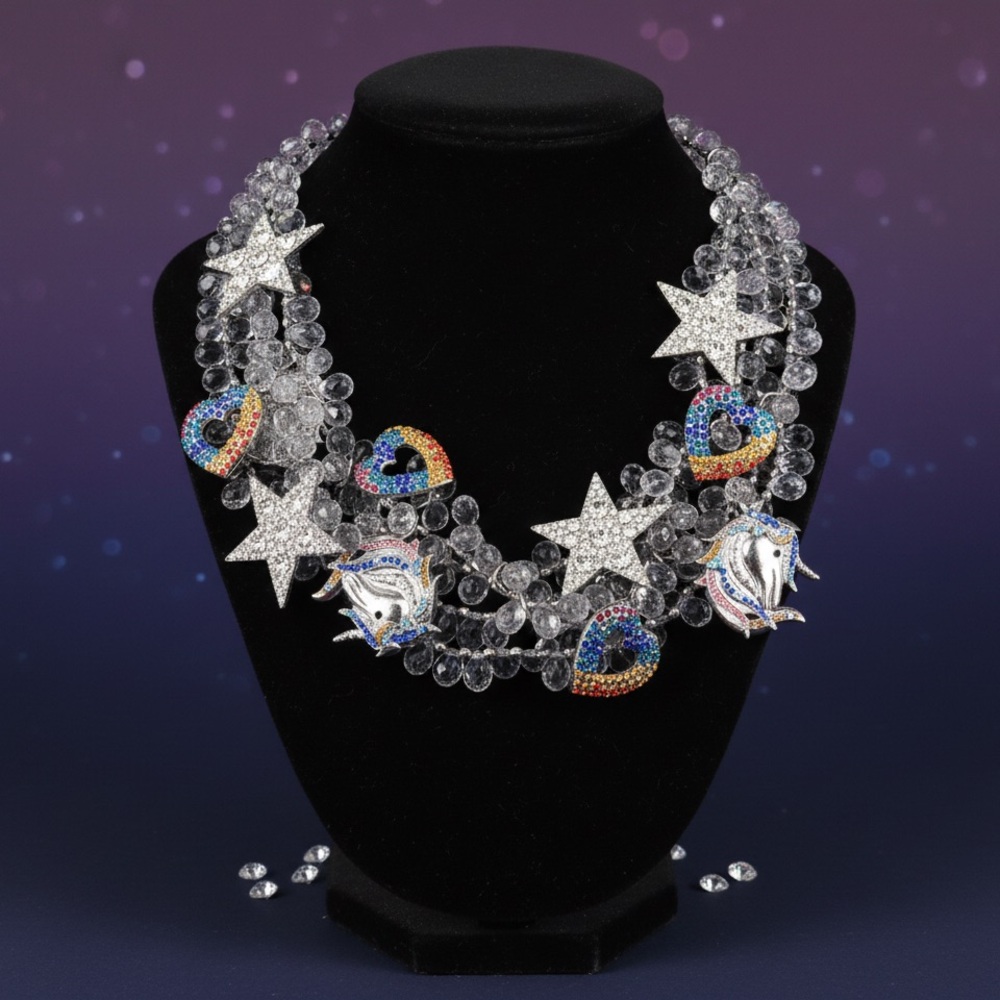 Multicolor Crystal Star and Heart Necklace